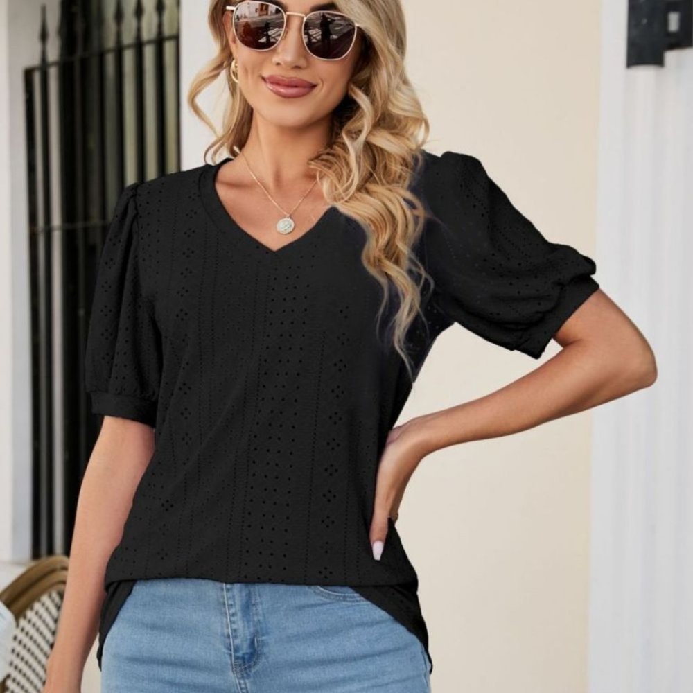 Eyelet Puff Sleeve V-Neck Top - Black